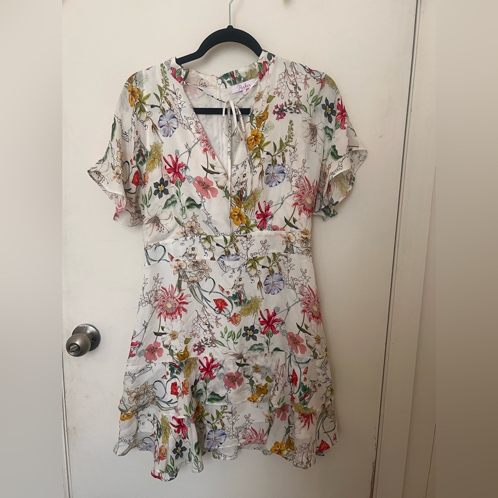 Parker Fillipa White Dress 100% Sillk Multi Colored Floral